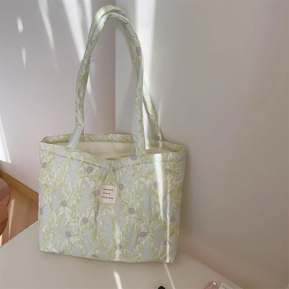 Floral Quilted Cotton Shoulder Bag for Women Medium Size Handbag Large Capacity Thickened Design Tote