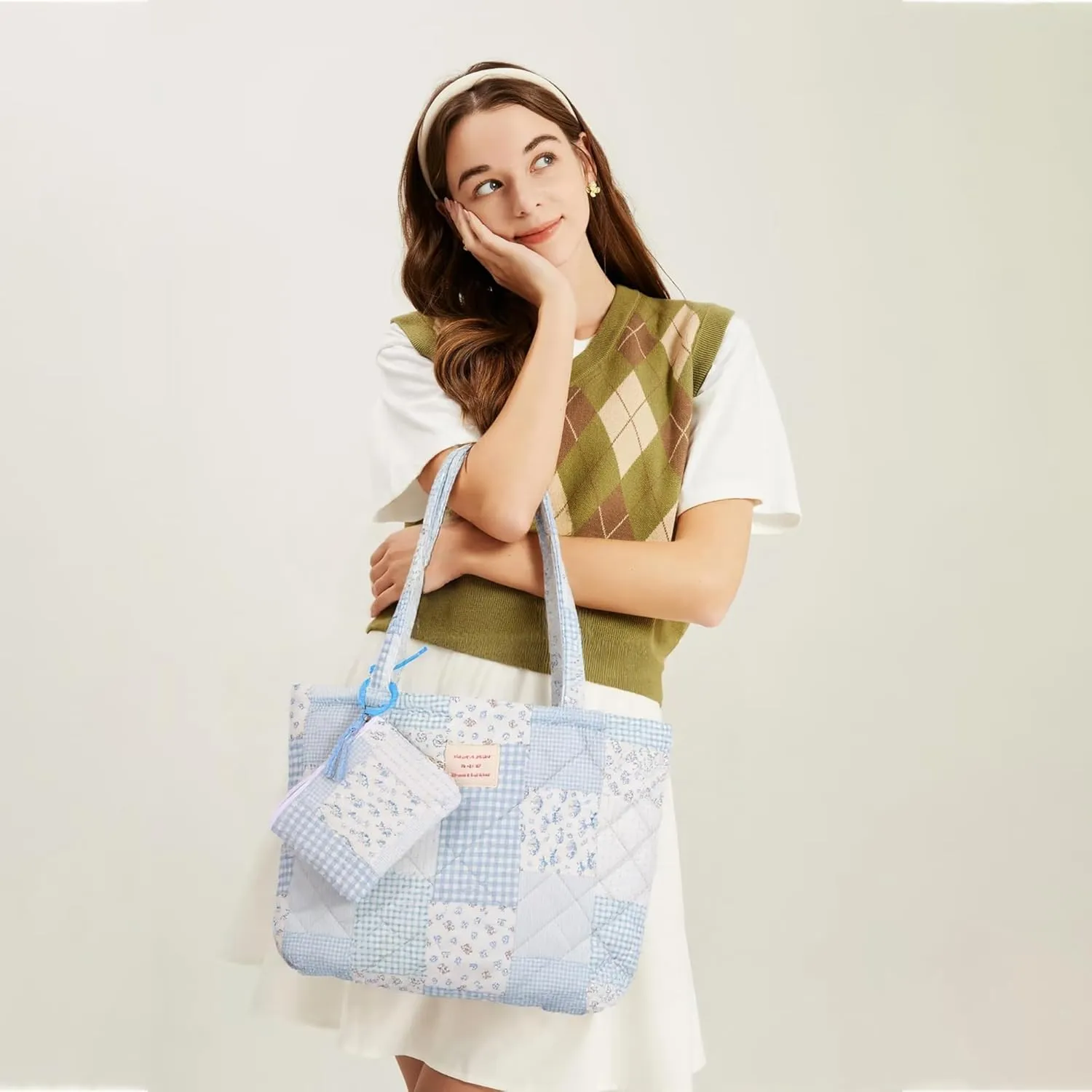 Floral Quilted Cotton Shoulder Bag Set 2-in-1 Handbag with Matching Mini Pouch Large Capacity Tote for Women A054