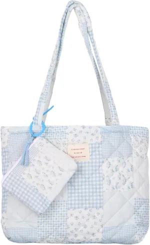 Floral Quilted Cotton Shoulder Bag Set 2-in-1 Handbag with Matching Mini Pouch Large Capacity Tote for Women A054