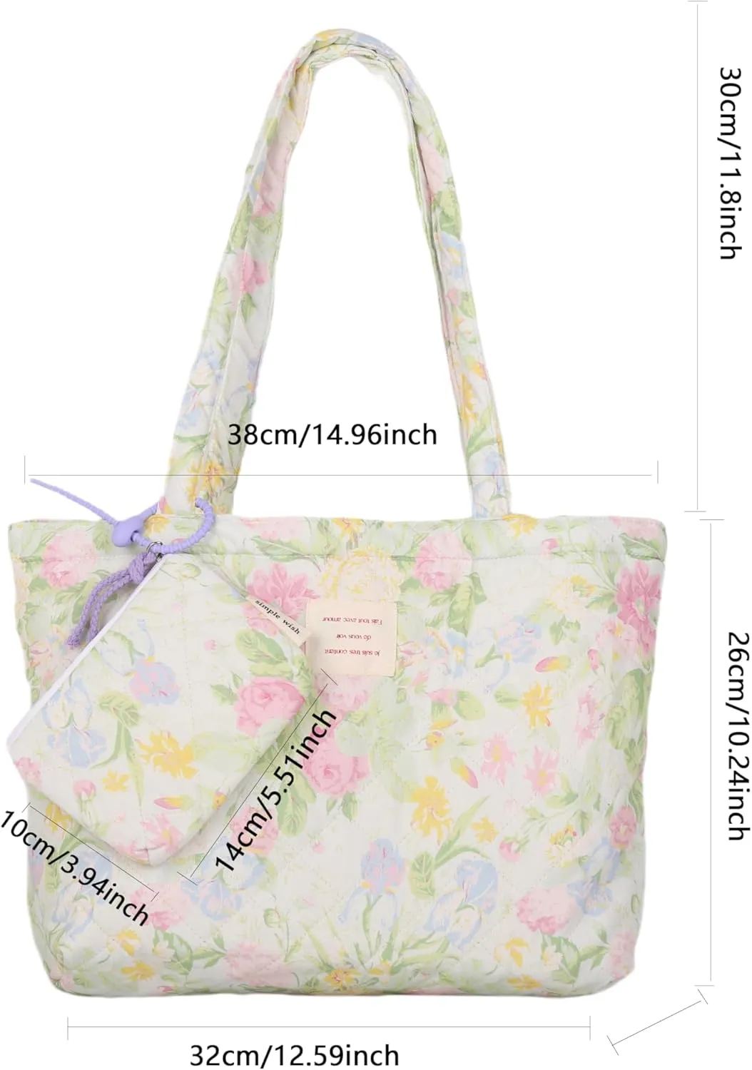 Floral Quilted Cotton Shoulder Bag Set 2-in-1 Handbag with Matching Mini Pouch Large Capacity Tote for Women A054