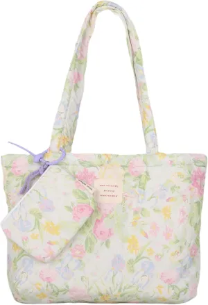 Floral Quilted Cotton Shoulder Bag Set 2-in-1 Handbag with Matching Mini Pouch Large Capacity Tote for Women A054