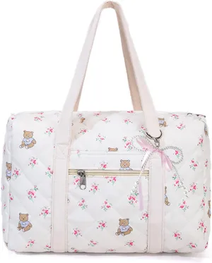 Floral Travel Duffel Bag for Women Coquette Aesthetics Quilted Puffer Bag Girls Cute Shoulder Purse Carry on Bag for Travel