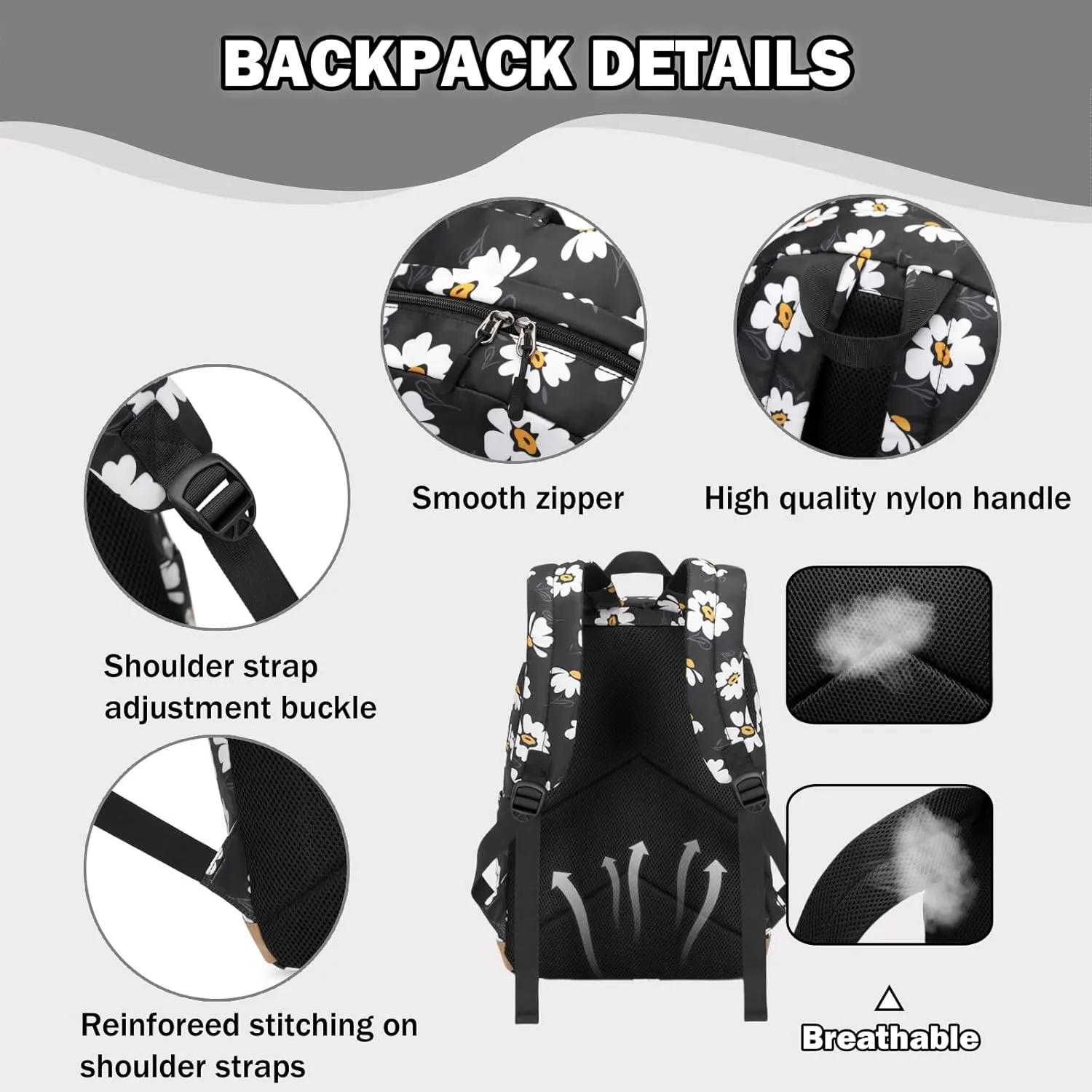 Flower Prints Kids Backpack for Girls, Multi Pocket School Bags with Lunch Box for Elementary, Teen Girls Bookbag Set
