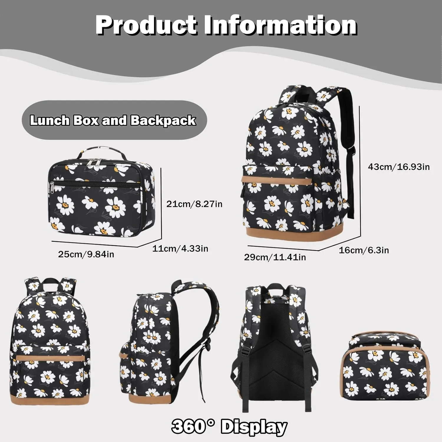 Flower Prints Kids Backpack for Girls, Multi Pocket School Bags with Lunch Box for Elementary, Teen Girls Bookbag Set