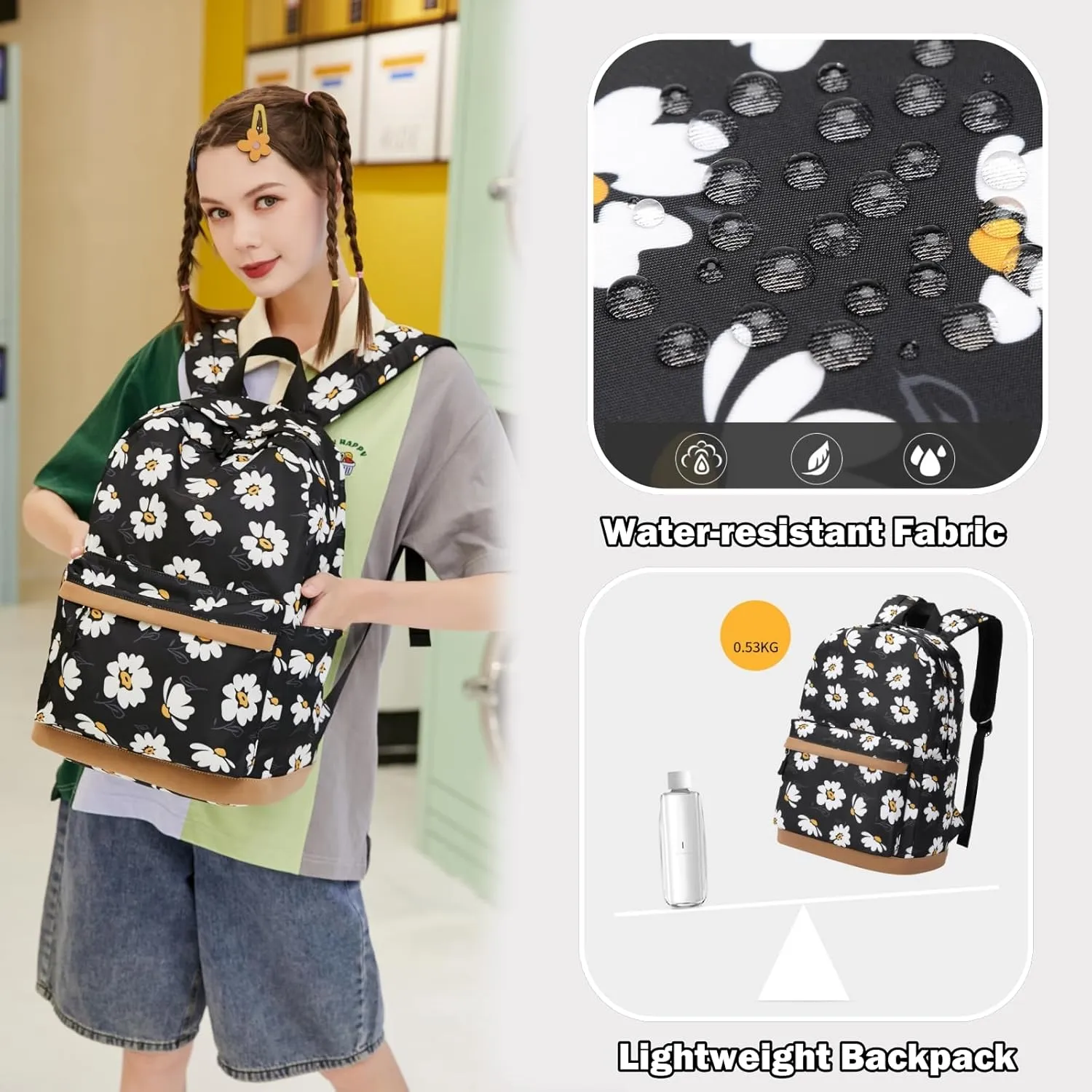 Flower Prints Kids Backpack for Girls, Multi Pocket School Bags with Lunch Box for Elementary, Teen Girls Bookbag Set