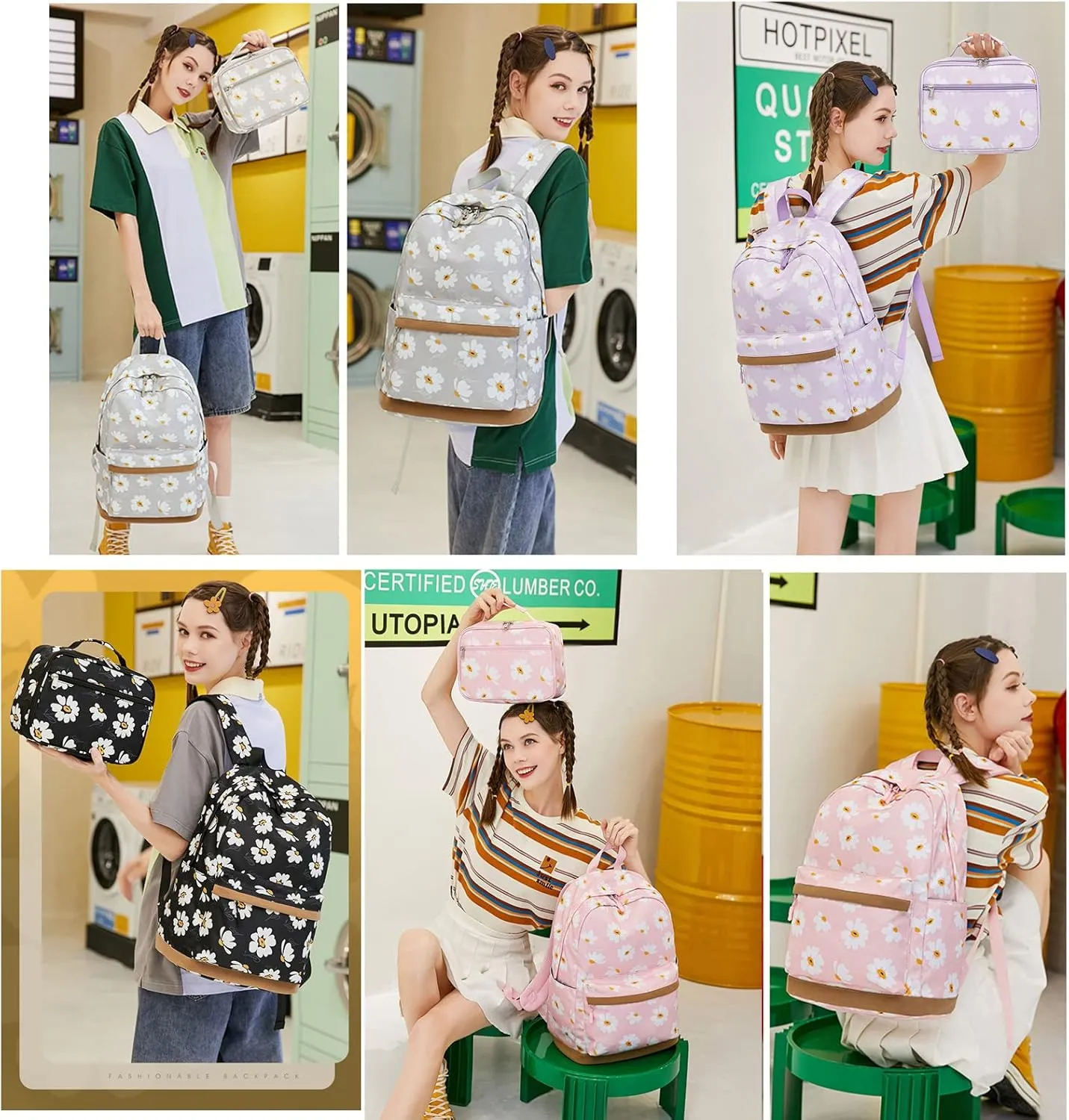 Flower Prints Kids Backpack for Girls, Multi Pocket School Bags with Lunch Box for Elementary, Teen Girls Bookbag Set