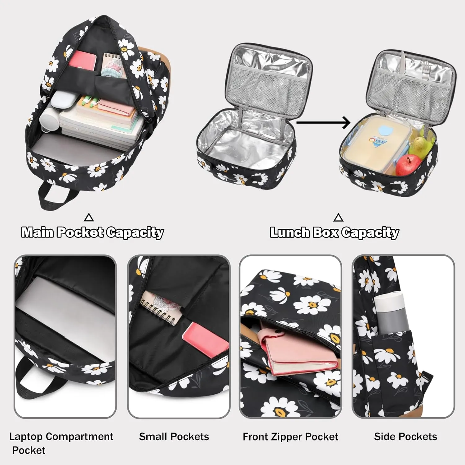 Flower Prints Kids Backpack for Girls, Multi Pocket School Bags with Lunch Box for Elementary, Teen Girls Bookbag Set