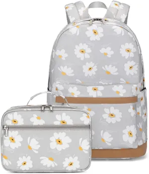 Flower Prints Kids Backpack for Girls, Multi Pocket School Bags with Lunch Box for Elementary, Teen Girls Bookbag Set