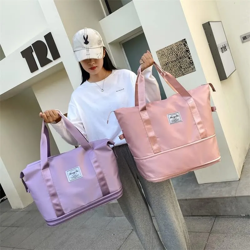 Foldable Large Bag Capacity Travel Bag Dry Wet Separation Fitness Bag Retractable Travel Handbag Multi Functional Yoga Bag (pink)