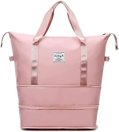 Foldable Large Bag Capacity Travel Bag Dry Wet Separation Fitness Bag Retractable Travel Handbag Multi Functional Yoga Bag (pink)