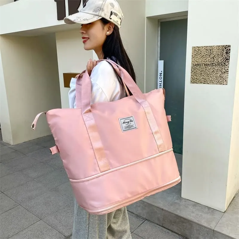 Foldable Large Bag Capacity Travel Bag Dry Wet Separation Fitness Bag Retractable Travel Handbag Multi Functional Yoga Bag (pink)