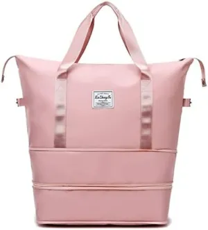 Foldable Large Bag Capacity Travel Bag Dry Wet Separation Fitness Bag Retractable Travel Handbag Multi Functional Yoga Bag (pink)