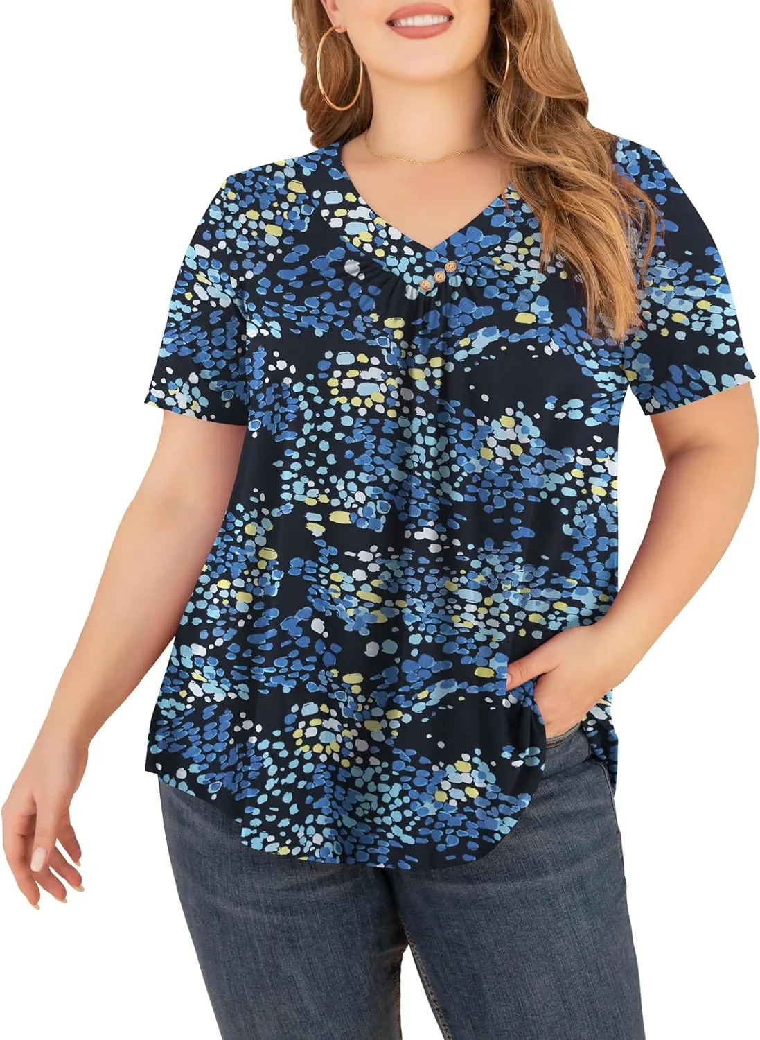 FOLUNSI Women’s Plus Size Short Sleeve Henley Shirt V Neck Floral Blouses Tunic Tops M-4XL