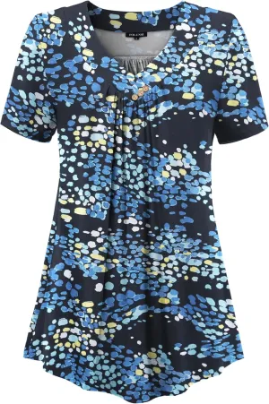 FOLUNSI Women’s Plus Size Short Sleeve Henley Shirt V Neck Floral Blouses Tunic Tops M-4XL