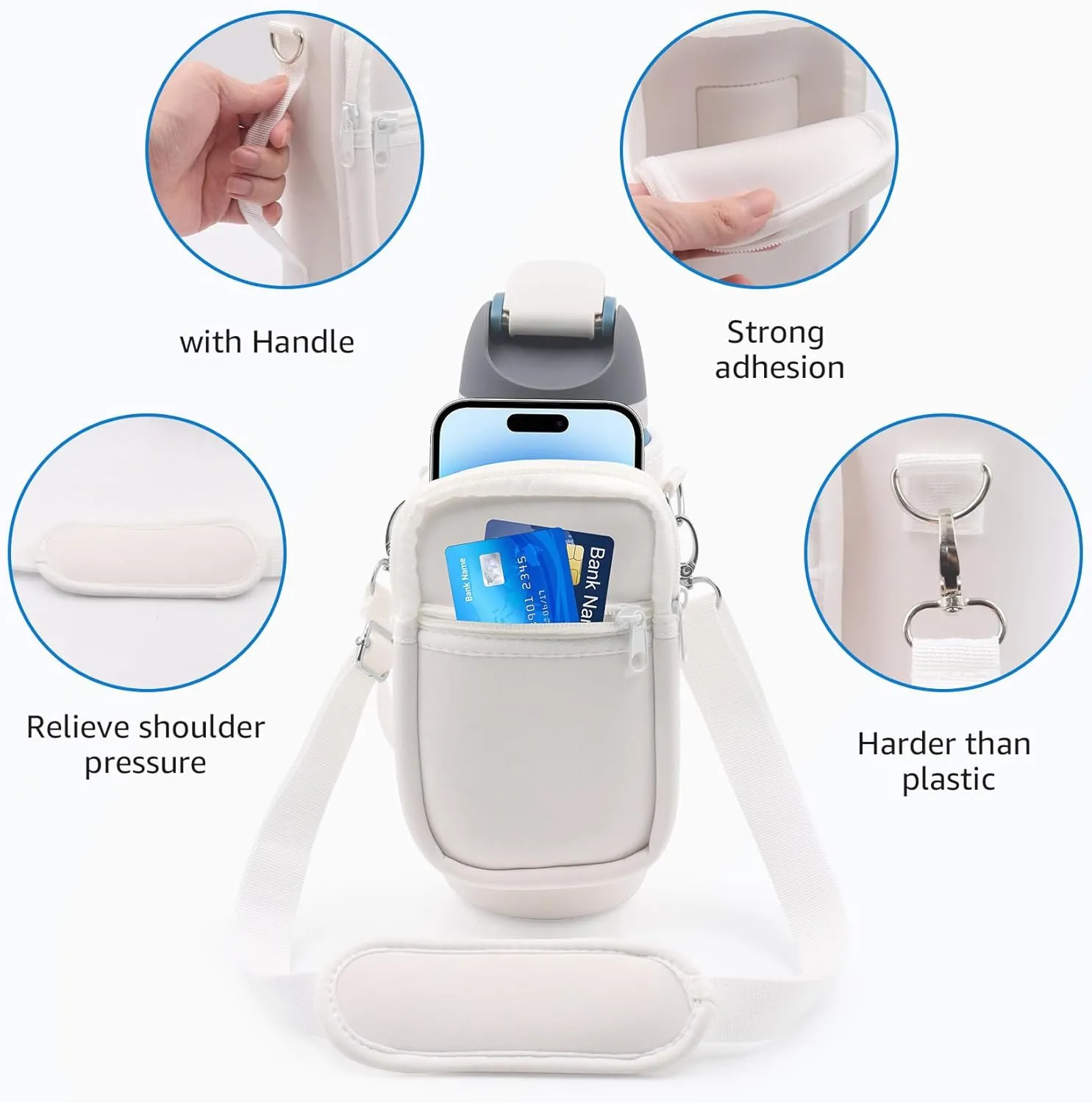 for Owala FreeSip Insulated Stainless Steel Water Bottle Cup Holder Cover Carrier Sling Bag with Strap, Pouch Pocket for Phone/Accessories, add Handle for Owala 32oz (White)