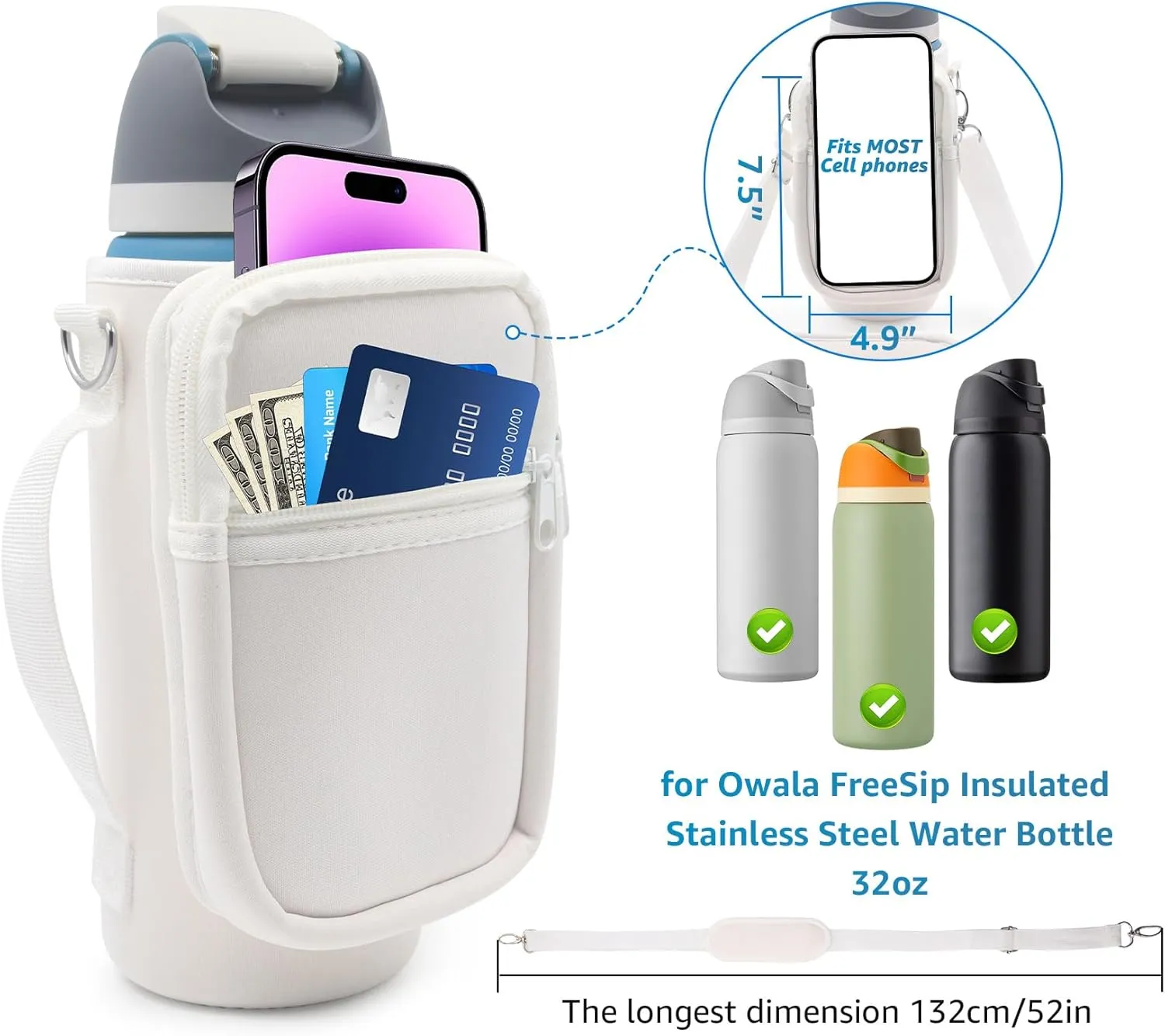 for Owala FreeSip Insulated Stainless Steel Water Bottle Cup Holder Cover Carrier Sling Bag with Strap, Pouch Pocket for Phone/Accessories, add Handle for Owala 32oz (White)