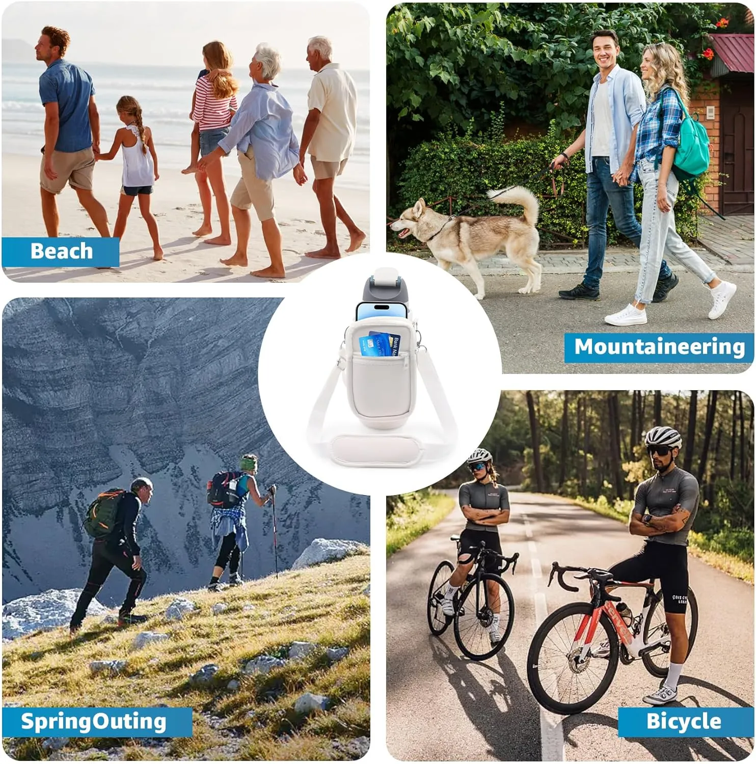 for Owala FreeSip Insulated Stainless Steel Water Bottle Cup Holder Cover Carrier Sling Bag with Strap, Pouch Pocket for Phone/Accessories, add Handle for Owala 32oz (White)
