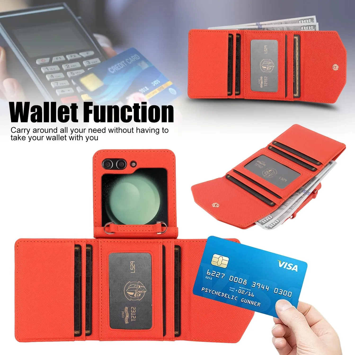 for Samsung Galaxy Z Flip 5 Wallet Case with Built-in Leather Cash Slot and Credit Card Holder. Wristlet Strap and Hinge Protection, Carrying Handbag Phone Case for Women Ladies.(Orange)