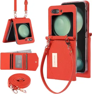 for Samsung Galaxy Z Flip 5 Wallet Case with Built-in Leather Cash Slot and Credit Card Holder. Wristlet Strap and Hinge Protection, Carrying Handbag Phone Case for Women Ladies.(Orange)