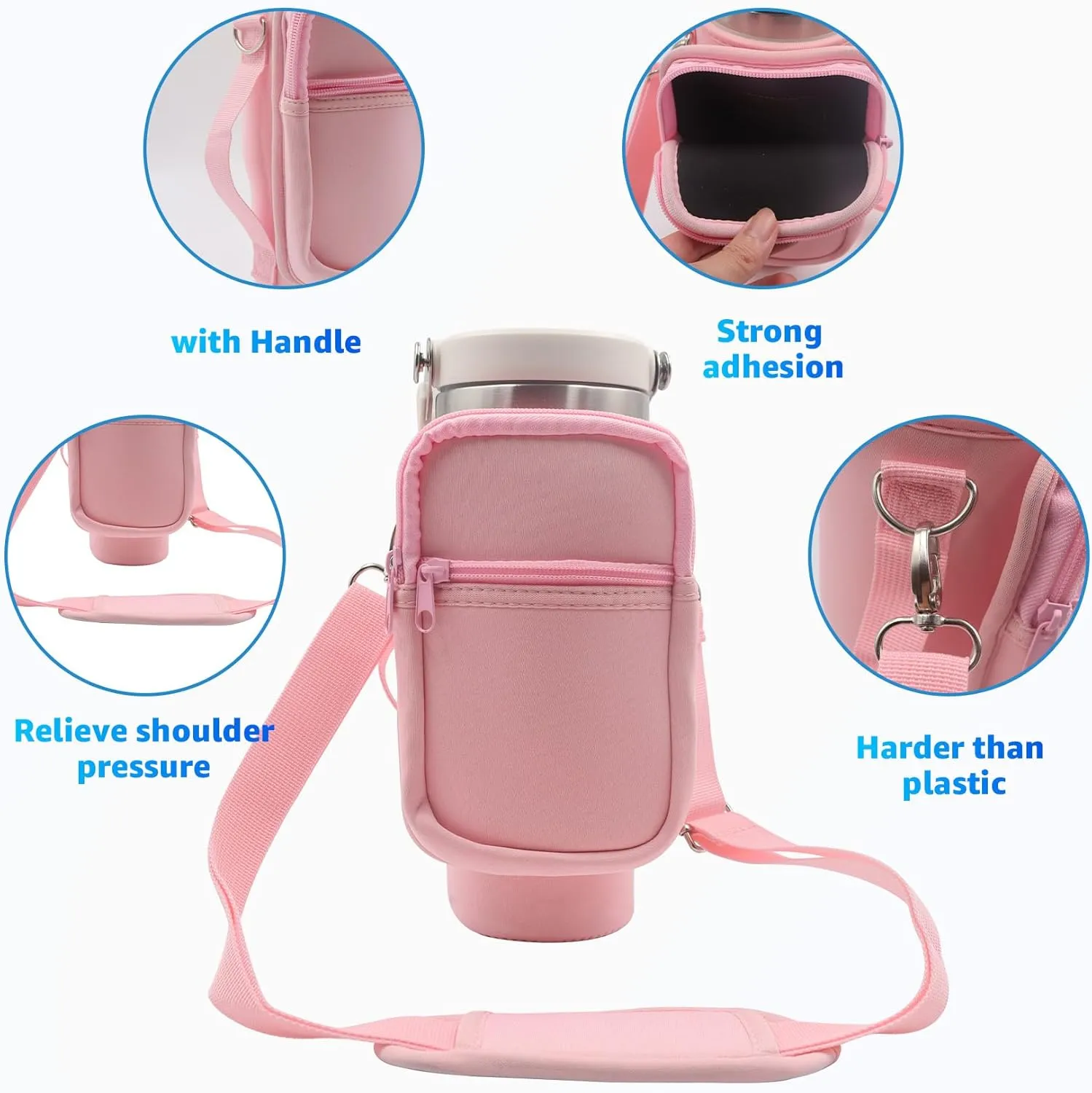 for Stanley Iceflow Flip Straw Tumbler 30 oz, Water Bottle Cup Holder Cover Carrier Sling Bag with Strap, Pouch Pocket for Phone / Accessories, add Handle for Stanley Flip Straw, Neoprene (Pink)