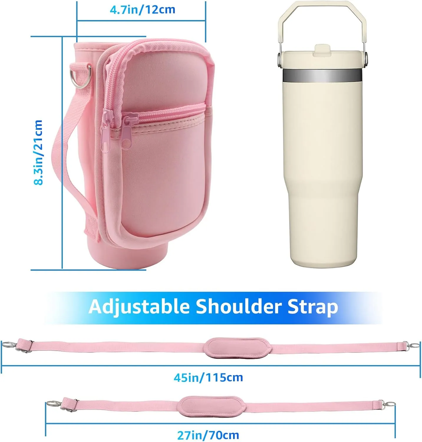 for Stanley Iceflow Flip Straw Tumbler 30 oz, Water Bottle Cup Holder Cover Carrier Sling Bag with Strap, Pouch Pocket for Phone / Accessories, add Handle for Stanley Flip Straw, Neoprene (Pink)