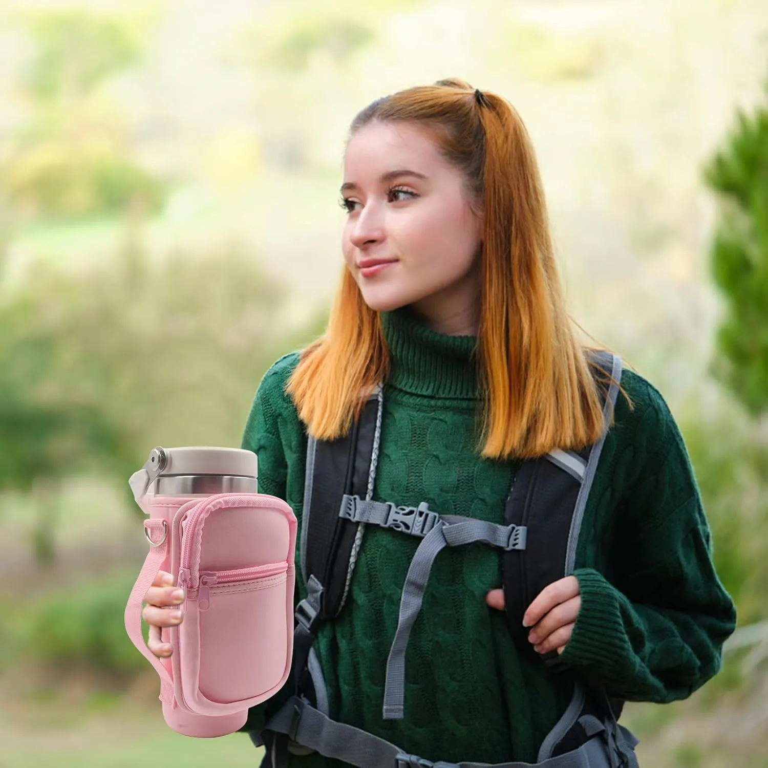 for Stanley Iceflow Flip Straw Tumbler 30 oz, Water Bottle Cup Holder Cover Carrier Sling Bag with Strap, Pouch Pocket for Phone / Accessories, add Handle for Stanley Flip Straw, Neoprene (Pink)