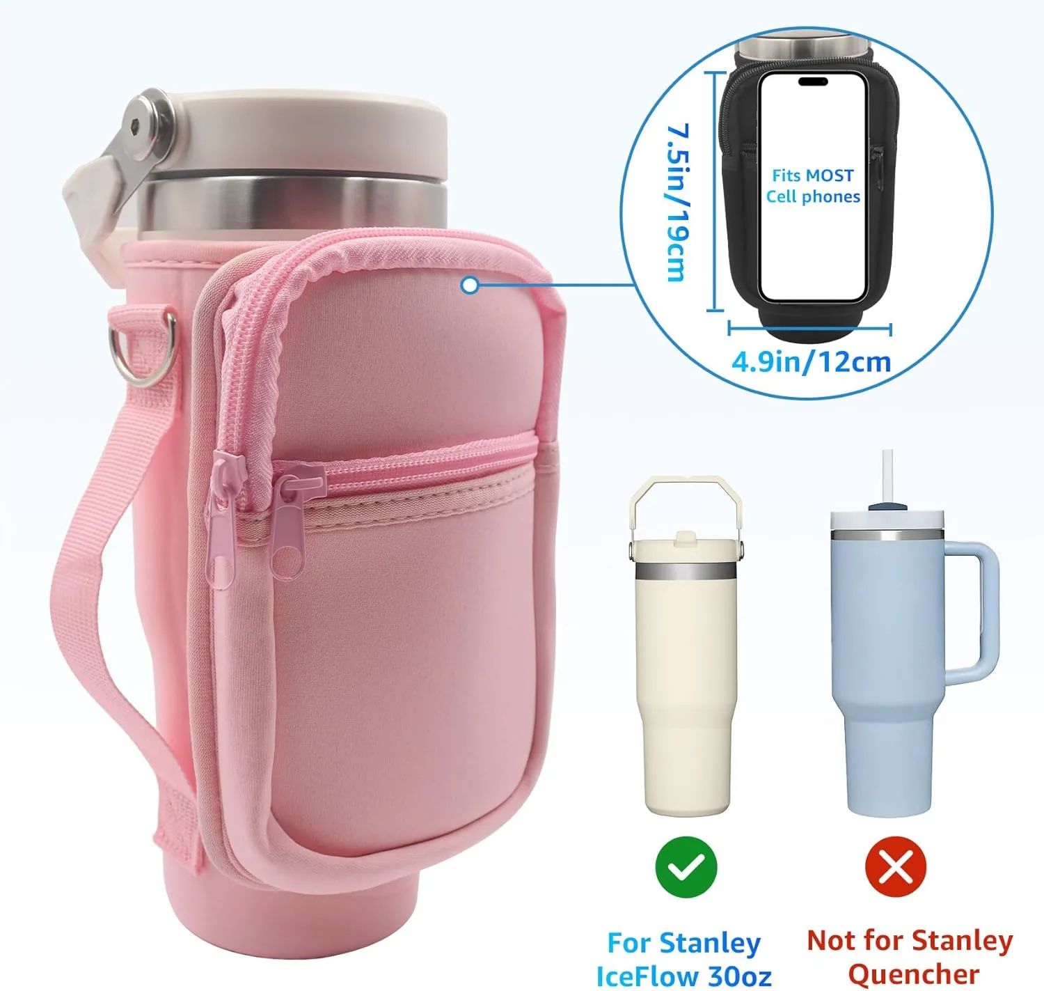 for Stanley Iceflow Flip Straw Tumbler 30 oz, Water Bottle Cup Holder Cover Carrier Sling Bag with Strap, Pouch Pocket for Phone / Accessories, add Handle for Stanley Flip Straw, Neoprene (Pink)