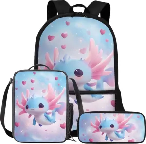 FOR U DESIGNS Axolotl Book Bag 2nd Grade School Bag and Lunch Bag Set for Girls Lightweight Kindergarten Elementary Bookbag Set 3 Pcs School Backpacks for Girls 6-8 Travel Daypack