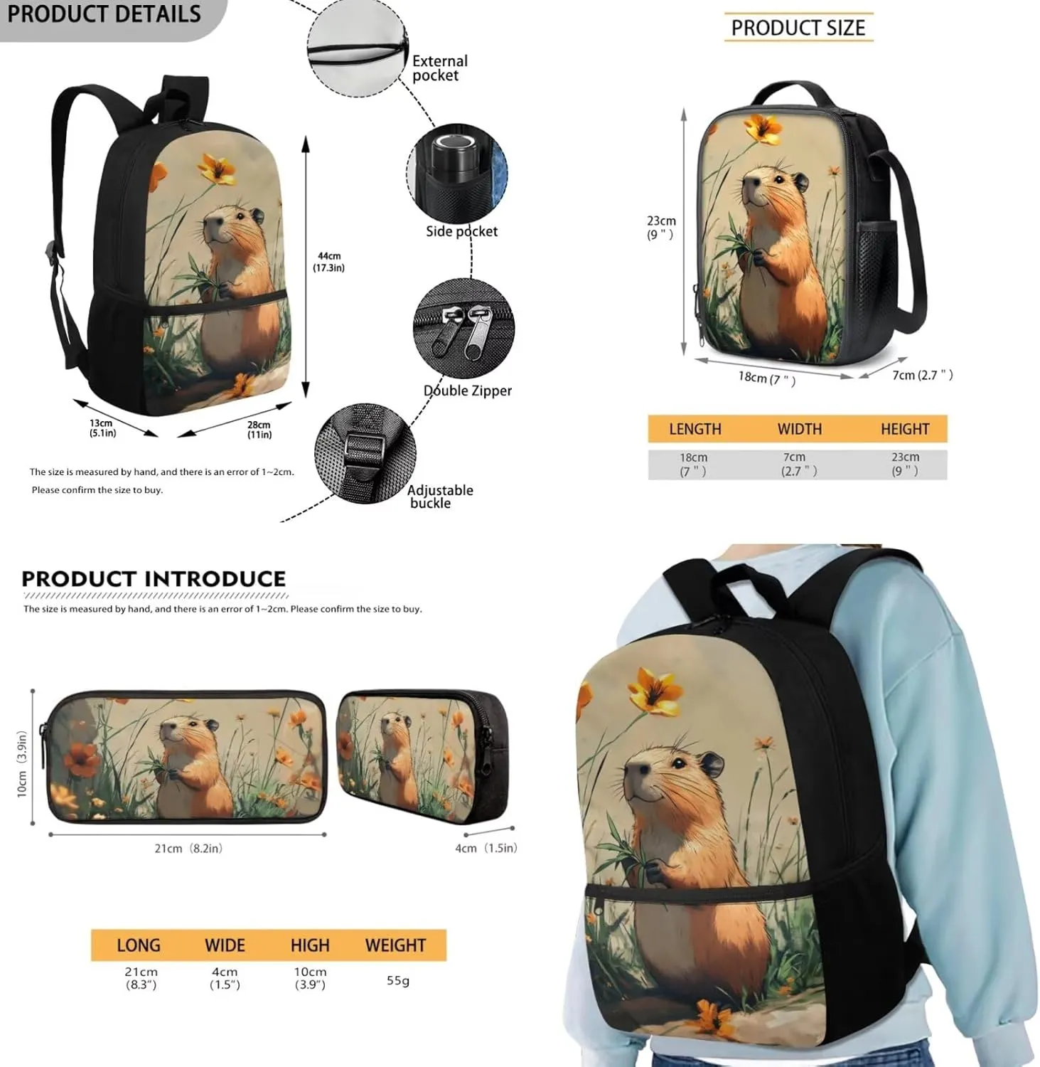 FOR U DESIGNS Capybara Backpacks for School 3 in 1 Girls Bookbag Ages 8-10 Cute 4th Grade School Bag and Lunch Bag Set Kawaii 17 Inch Travel Daypack School Supplies