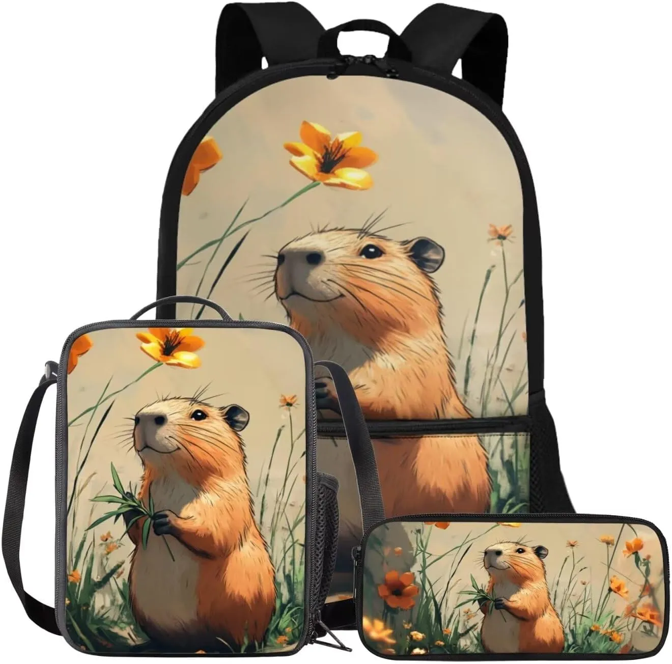 FOR U DESIGNS Capybara Backpacks for School 3 in 1 Girls Bookbag Ages 8-10 Cute 4th Grade School Bag and Lunch Bag Set Kawaii 17 Inch Travel Daypack School Supplies