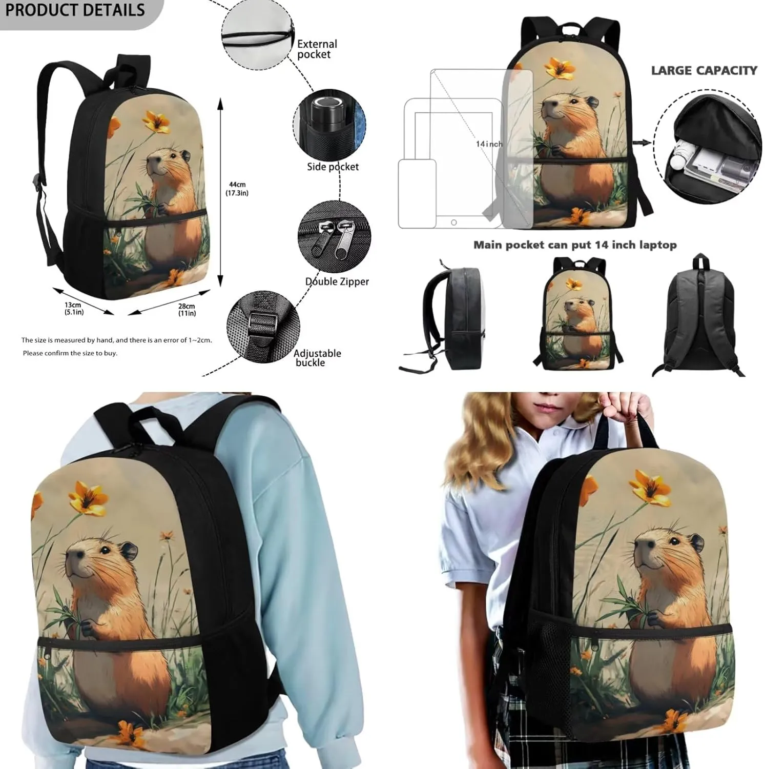 FOR U DESIGNS Capybara Backpacks for School 3 in 1 Girls Bookbag Ages 8-10 Cute 4th Grade School Bag and Lunch Bag Set Kawaii 17 Inch Travel Daypack School Supplies