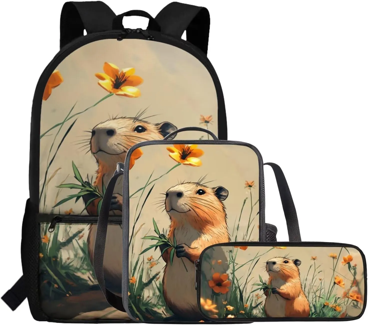 FOR U DESIGNS Capybara Backpacks for School 3 in 1 Girls Bookbag Ages 8-10 Cute 4th Grade School Bag and Lunch Bag Set Kawaii 17 Inch Travel Daypack School Supplies