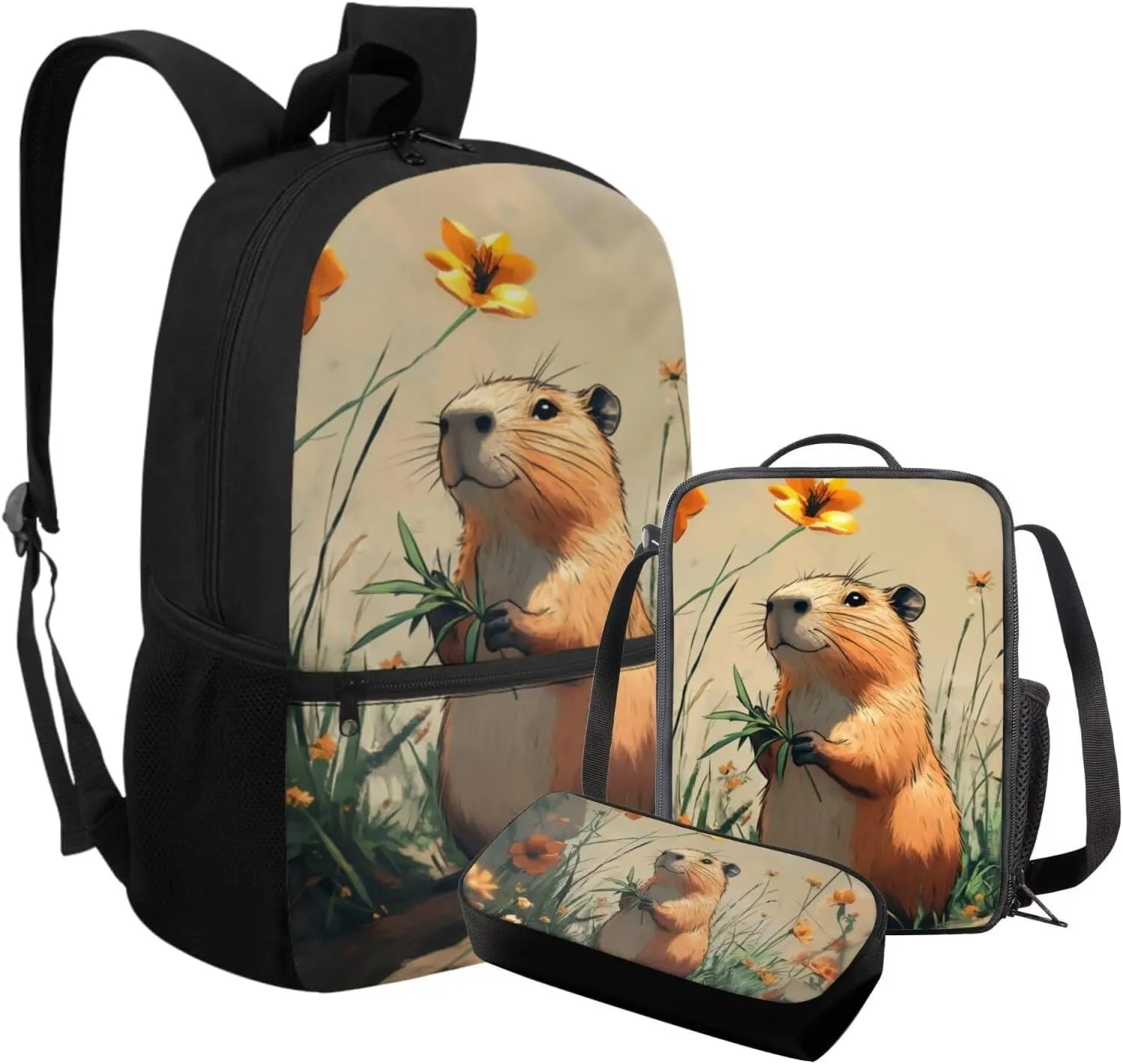 FOR U DESIGNS Capybara Backpacks for School 3 in 1 Girls Bookbag Ages 8-10 Cute 4th Grade School Bag and Lunch Bag Set Kawaii 17 Inch Travel Daypack School Supplies
