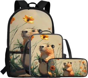 FOR U DESIGNS Capybara Backpacks for School 3 in 1 Girls Bookbag Ages 8-10 Cute 4th Grade School Bag and Lunch Bag Set Kawaii 17 Inch Travel Daypack School Supplies