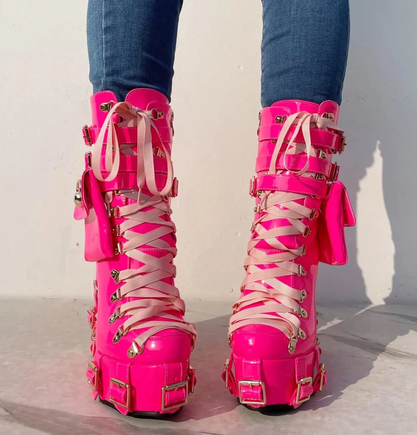 Frankie Hsu Short Bootie High Heeled Wedge Platform Neon Pink Patent Ribbon Thick Fashion Cheerleader Lolita Large Big Size Buckle Belt Pocket Lace Up Ankle Boot For Girl Women Men