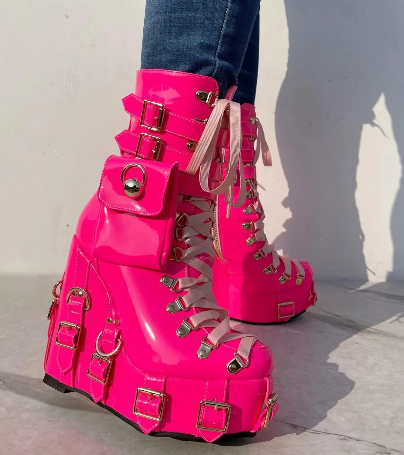 Frankie Hsu Short Bootie High Heeled Wedge Platform Neon Pink Patent Ribbon Thick Fashion Cheerleader Lolita Large Big Size Buckle Belt Pocket Lace Up Ankle Boot For Girl Women Men