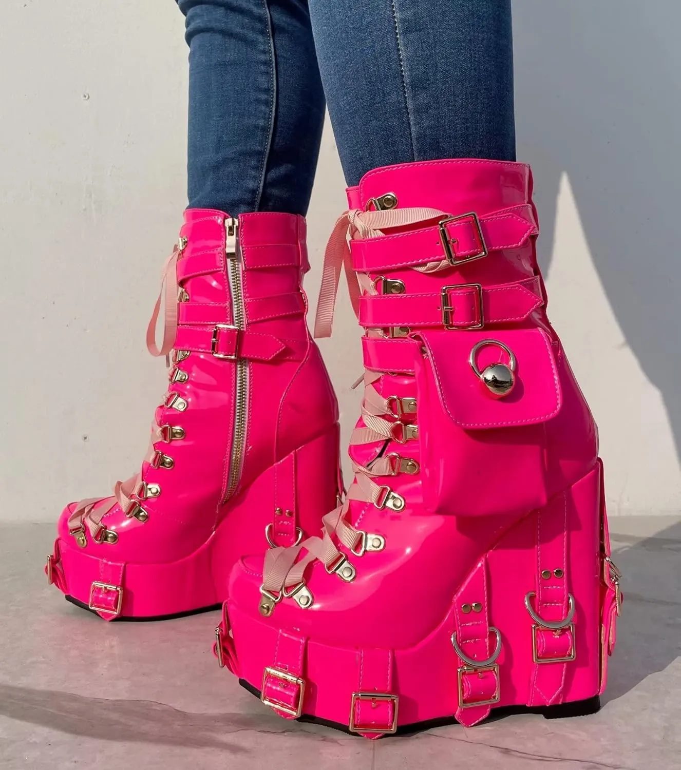 Frankie Hsu Short Bootie High Heeled Wedge Platform Neon Pink Patent Ribbon Thick Fashion Cheerleader Lolita Large Big Size Buckle Belt Pocket Lace Up Ankle Boot For Girl Women Men
