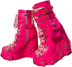 Frankie Hsu Short Bootie High Heeled Wedge Platform Neon Pink Patent Ribbon Thick Fashion Cheerleader Lolita Large Big Size Buckle Belt Pocket Lace Up Ankle Boot For Girl Women Men