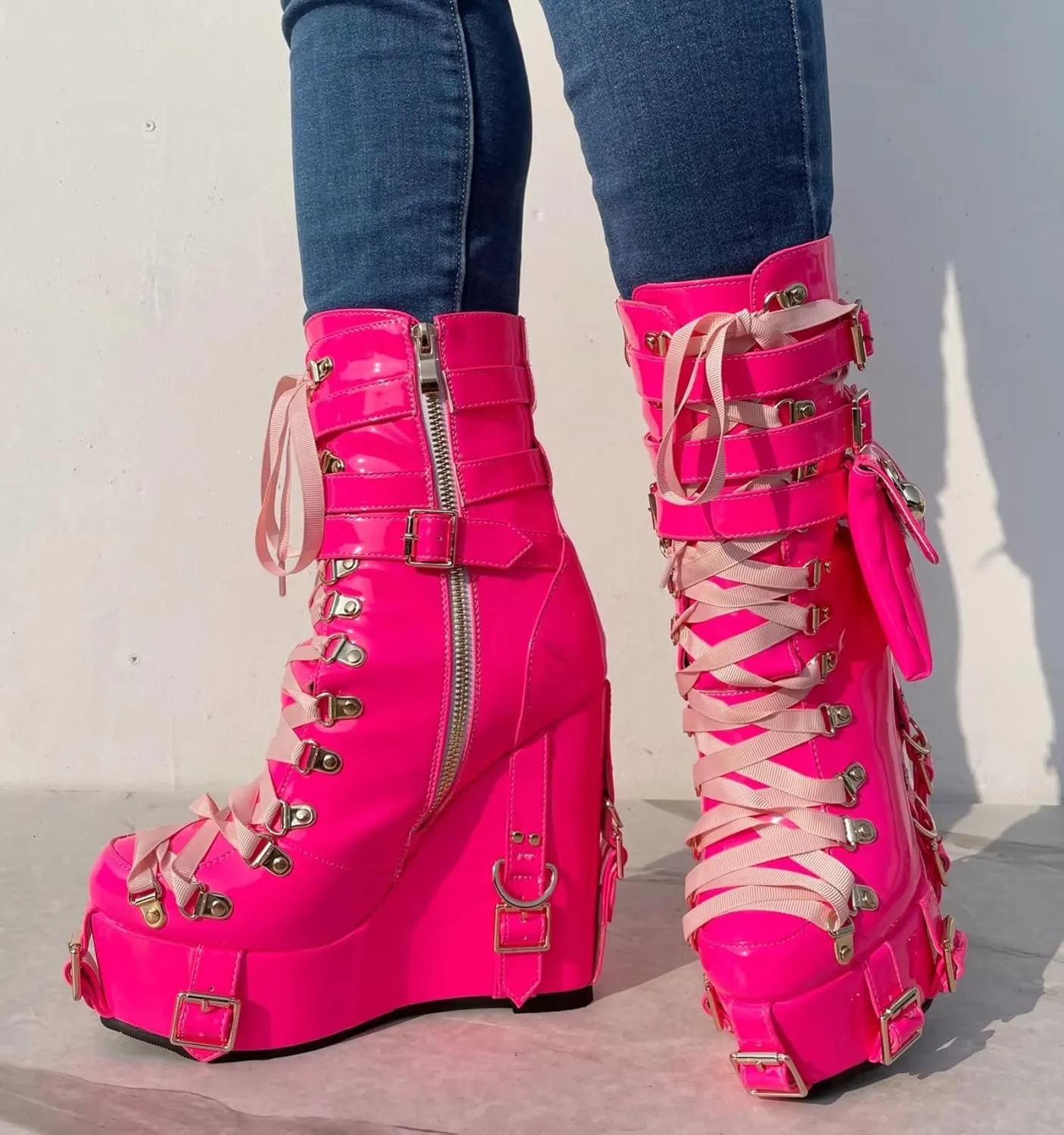 Frankie Hsu Short Bootie High Heeled Wedge Platform Neon Pink Patent Ribbon Thick Fashion Cheerleader Lolita Large Big Size Buckle Belt Pocket Lace Up Ankle Boot For Girl Women Men