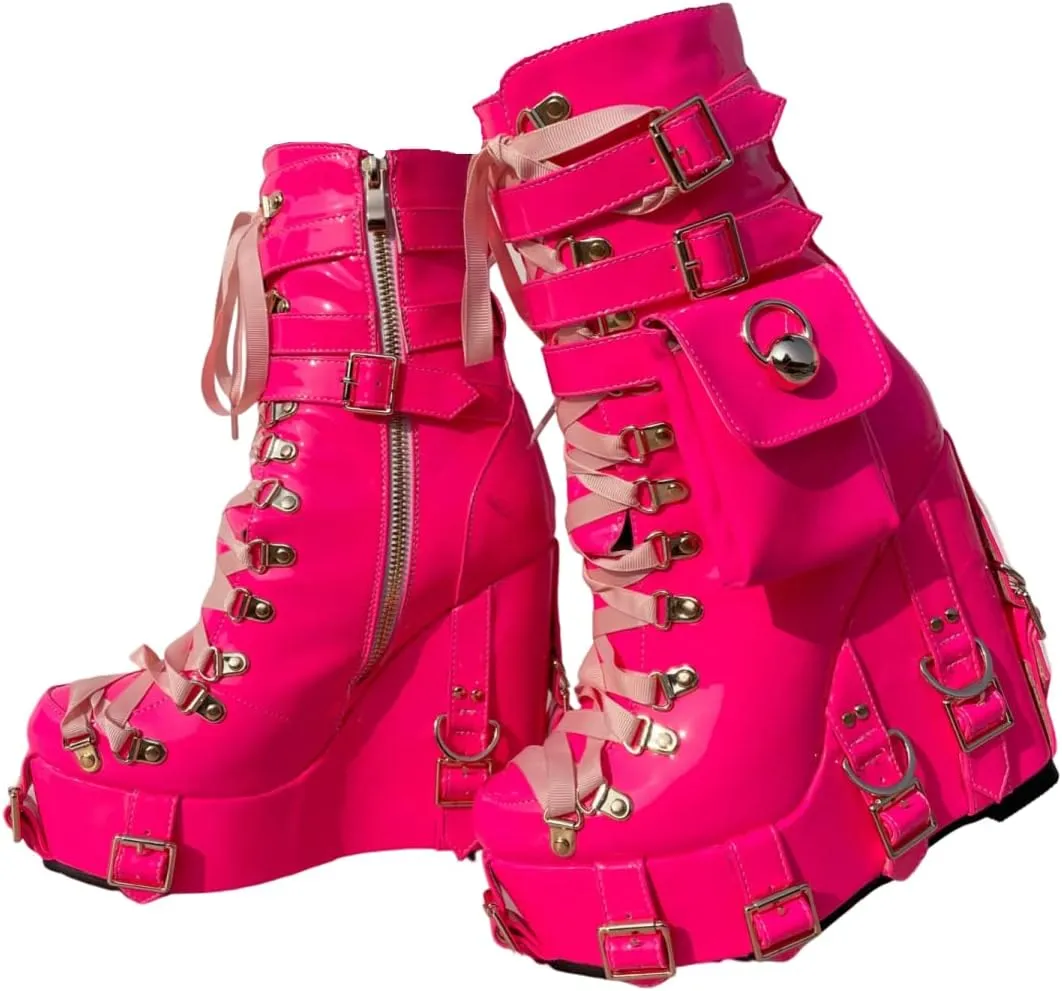Frankie Hsu Short Bootie High Heeled Wedge Platform Neon Pink Patent Ribbon Thick Fashion Cheerleader Lolita Large Big Size Buckle Belt Pocket Lace Up Ankle Boot For Girl Women Men
