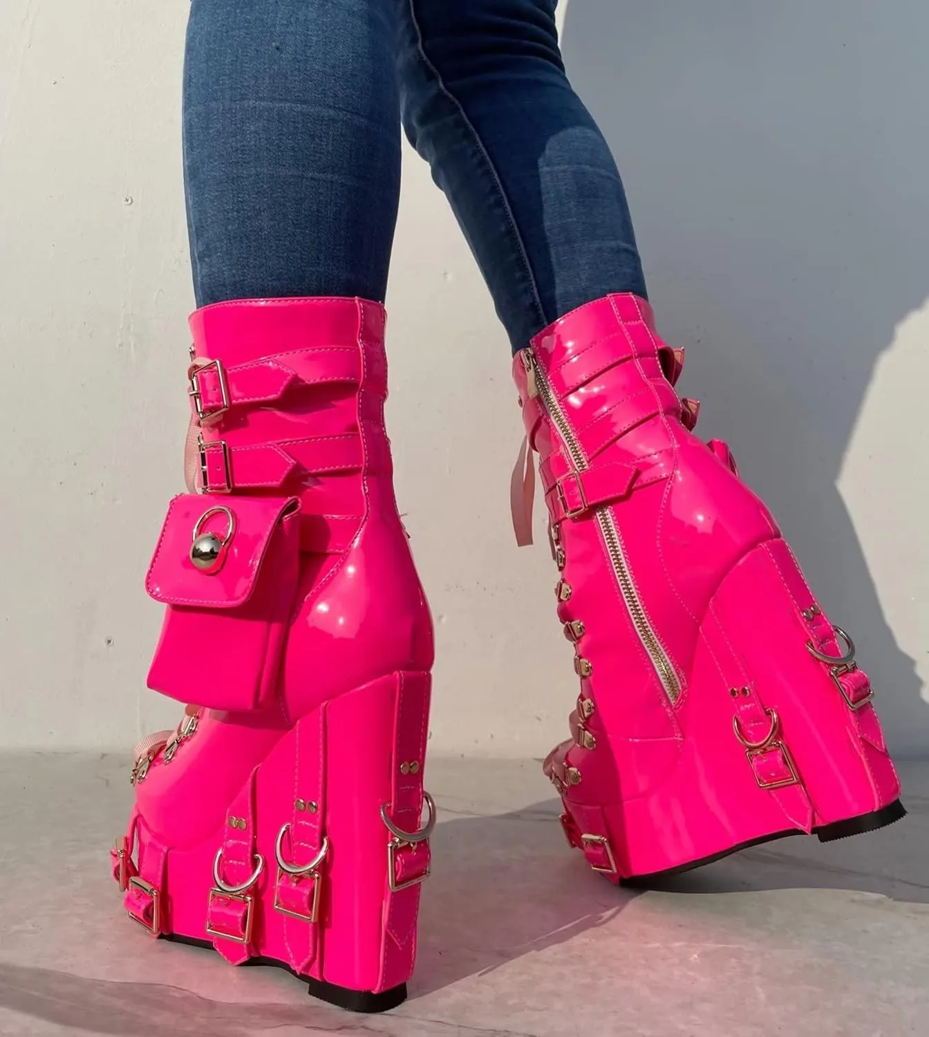 Frankie Hsu Short Bootie High Heeled Wedge Platform Neon Pink Patent Ribbon Thick Fashion Cheerleader Lolita Large Big Size Buckle Belt Pocket Lace Up Ankle Boot For Girl Women Men