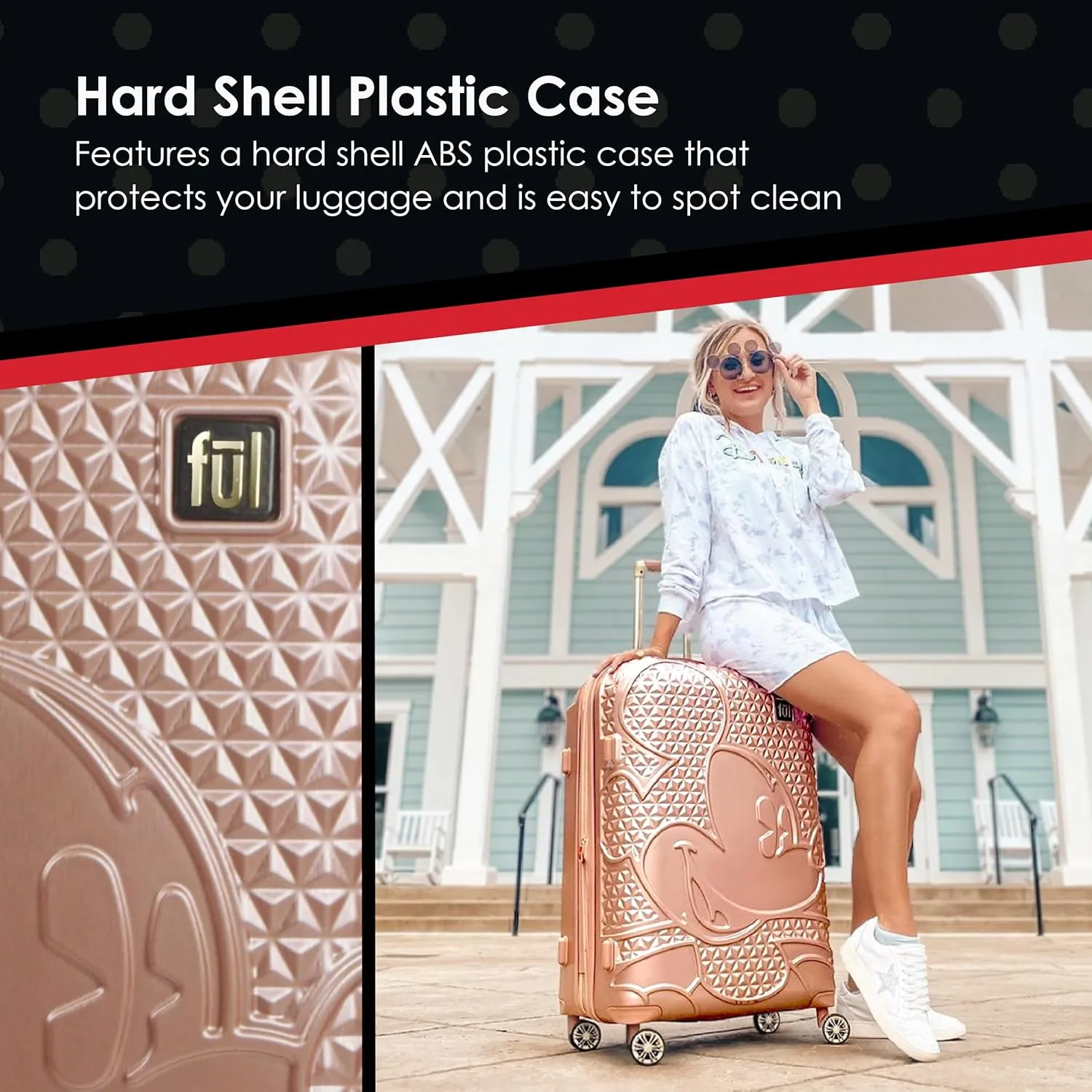 FUL Disney Mickey Mouse 3 Piece Rolling Luggage Set, Hardside Suitcase with Spinner Wheels, 21 Inch, 25 Inch and 29 Inch, Rose Gold