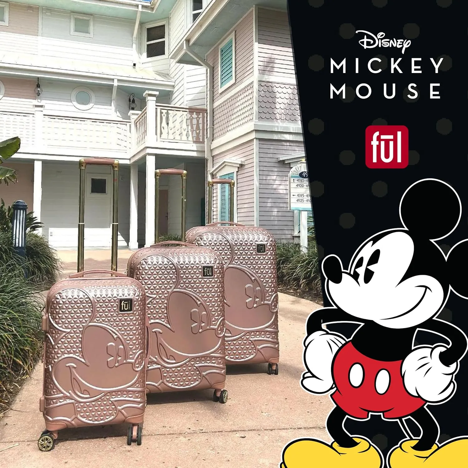 FUL Disney Mickey Mouse 3 Piece Rolling Luggage Set, Hardside Suitcase with Spinner Wheels, 21 Inch, 25 Inch and 29 Inch, Rose Gold