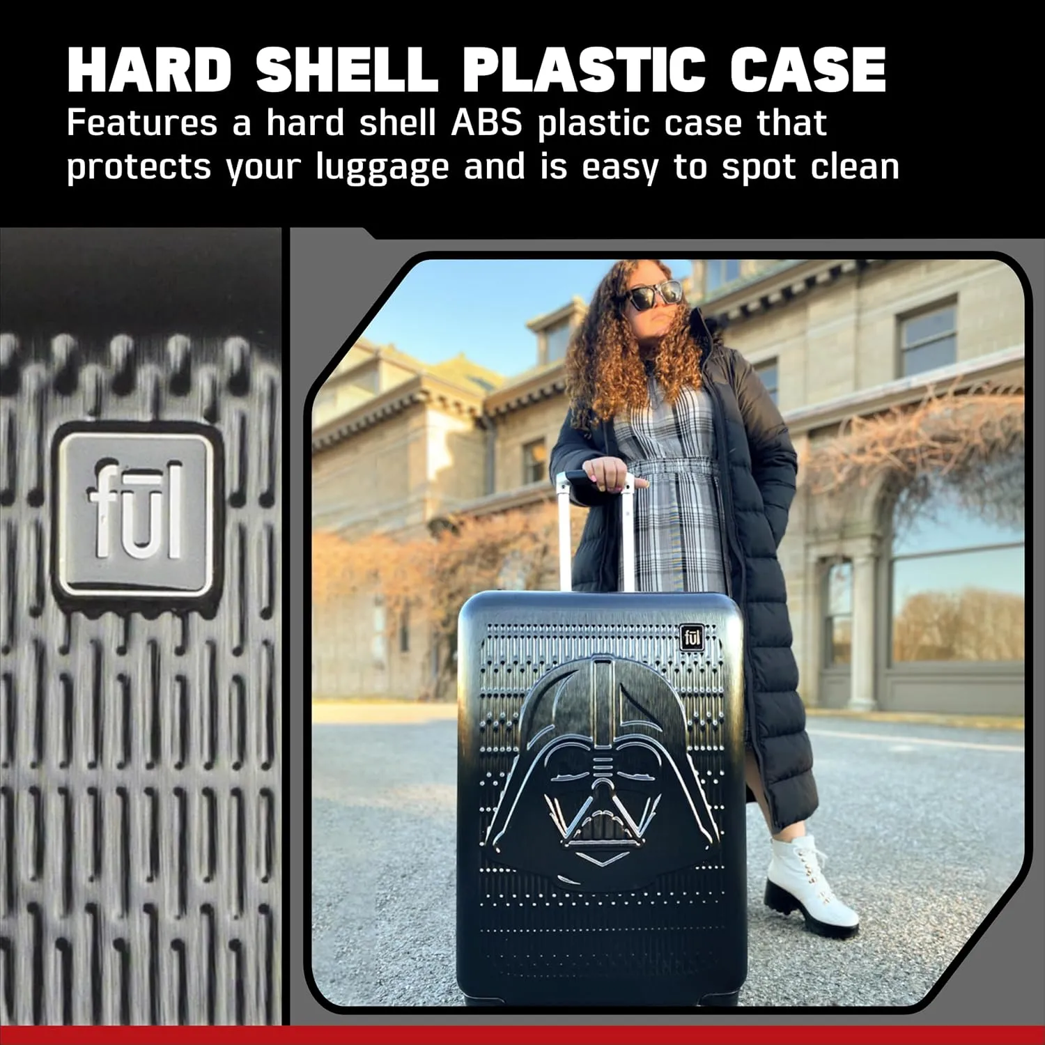 FUL Star Wars Darth Vader 25 Inch Rolling Luggage, Embossed Hardshell Suitcase with Wheels, Black