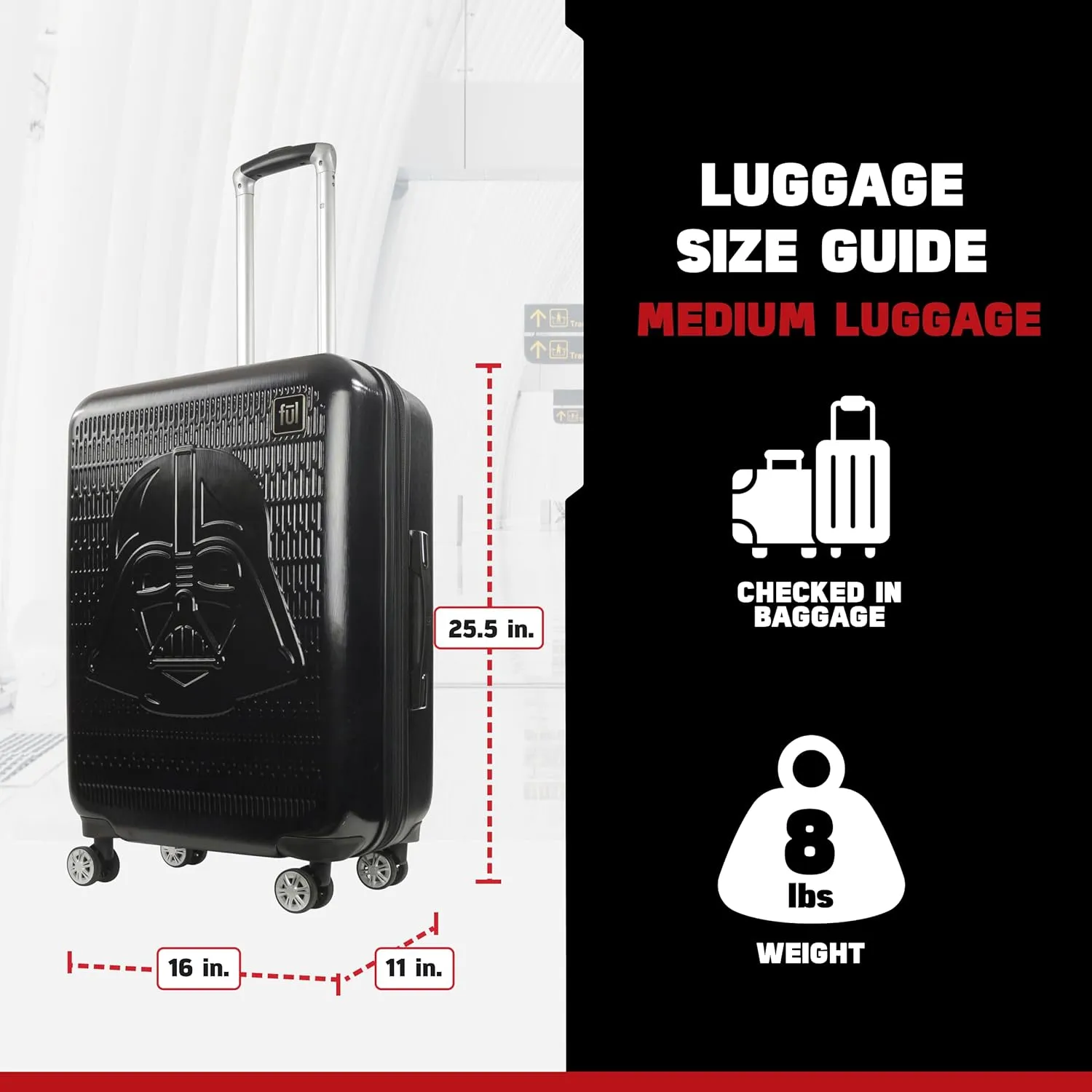 FUL Star Wars Darth Vader 25 Inch Rolling Luggage, Embossed Hardshell Suitcase with Wheels, Black