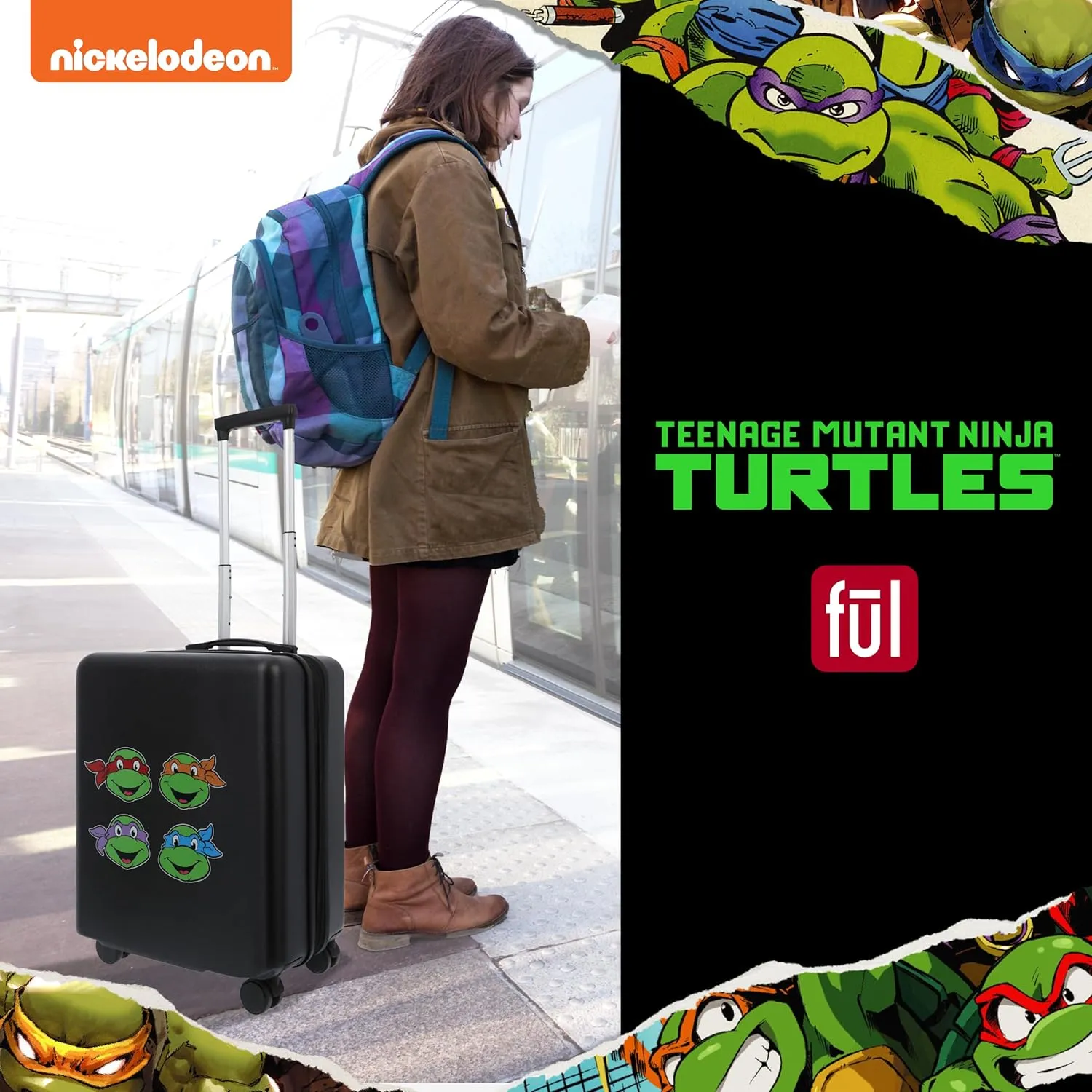 FUL Teenage Mutant Ninja Turtles 22.5 Inch Carry On Luggage, Suitcase with Spinner Wheels, Black
