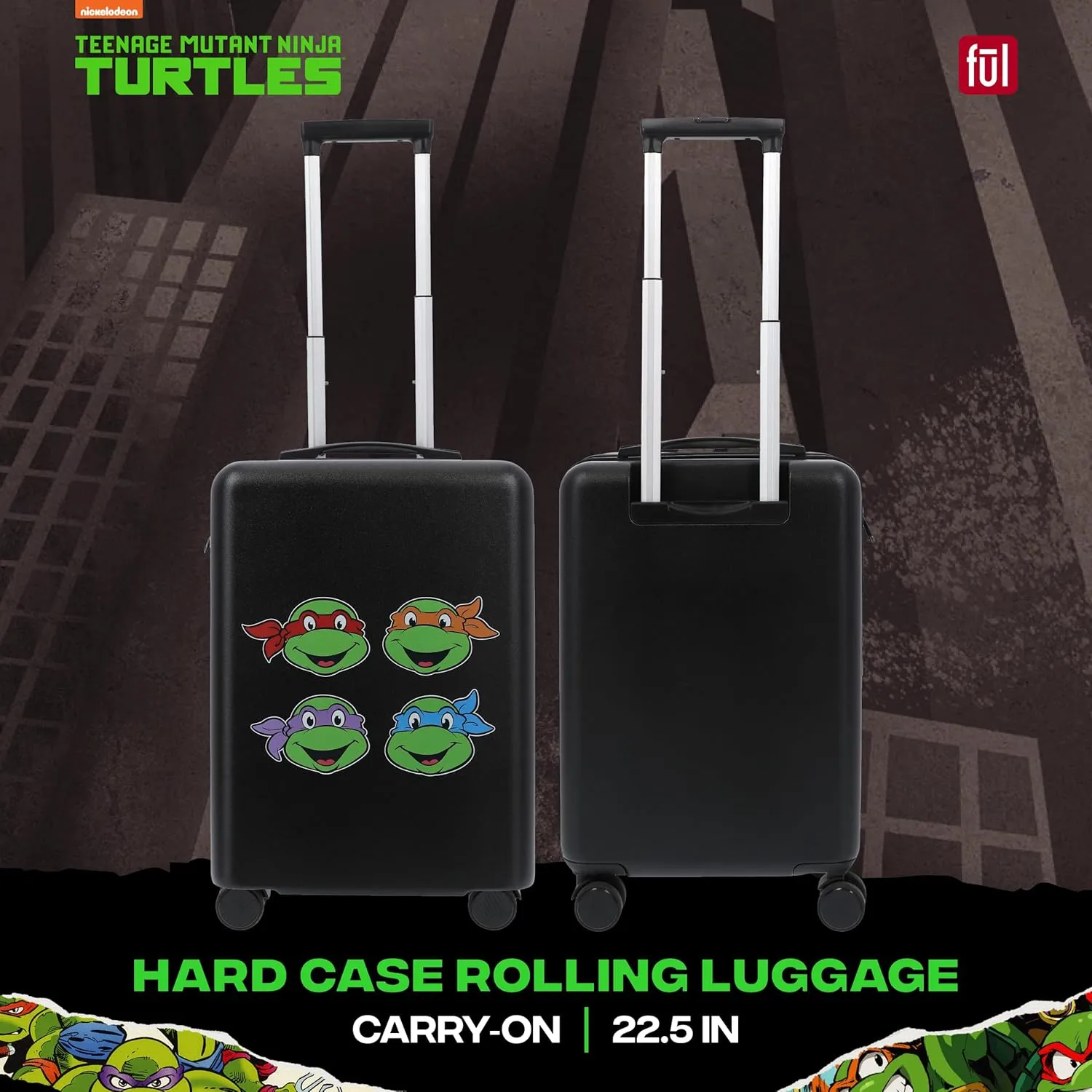 FUL Teenage Mutant Ninja Turtles 22.5 Inch Carry On Luggage, Suitcase with Spinner Wheels, Black