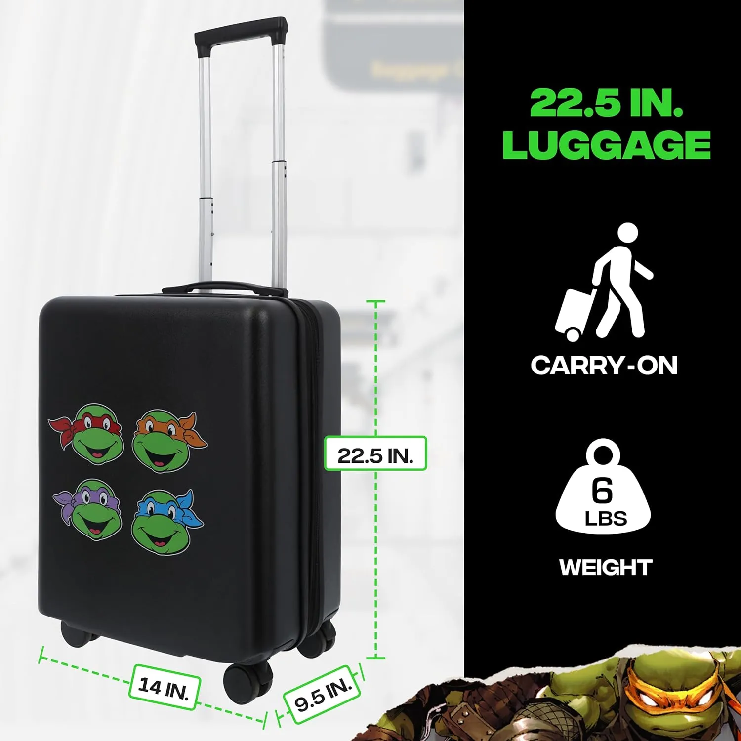 FUL Teenage Mutant Ninja Turtles 22.5 Inch Carry On Luggage, Suitcase with Spinner Wheels, Black
