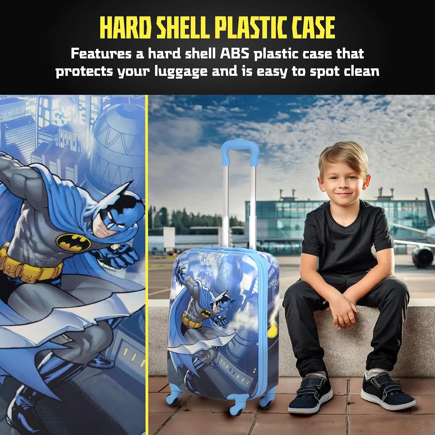 FUL Unisex Kid's DC Comics Batman 21 Inch Carry On Luggage, Hardshell Rolling Suitcase with Wheels, Blue