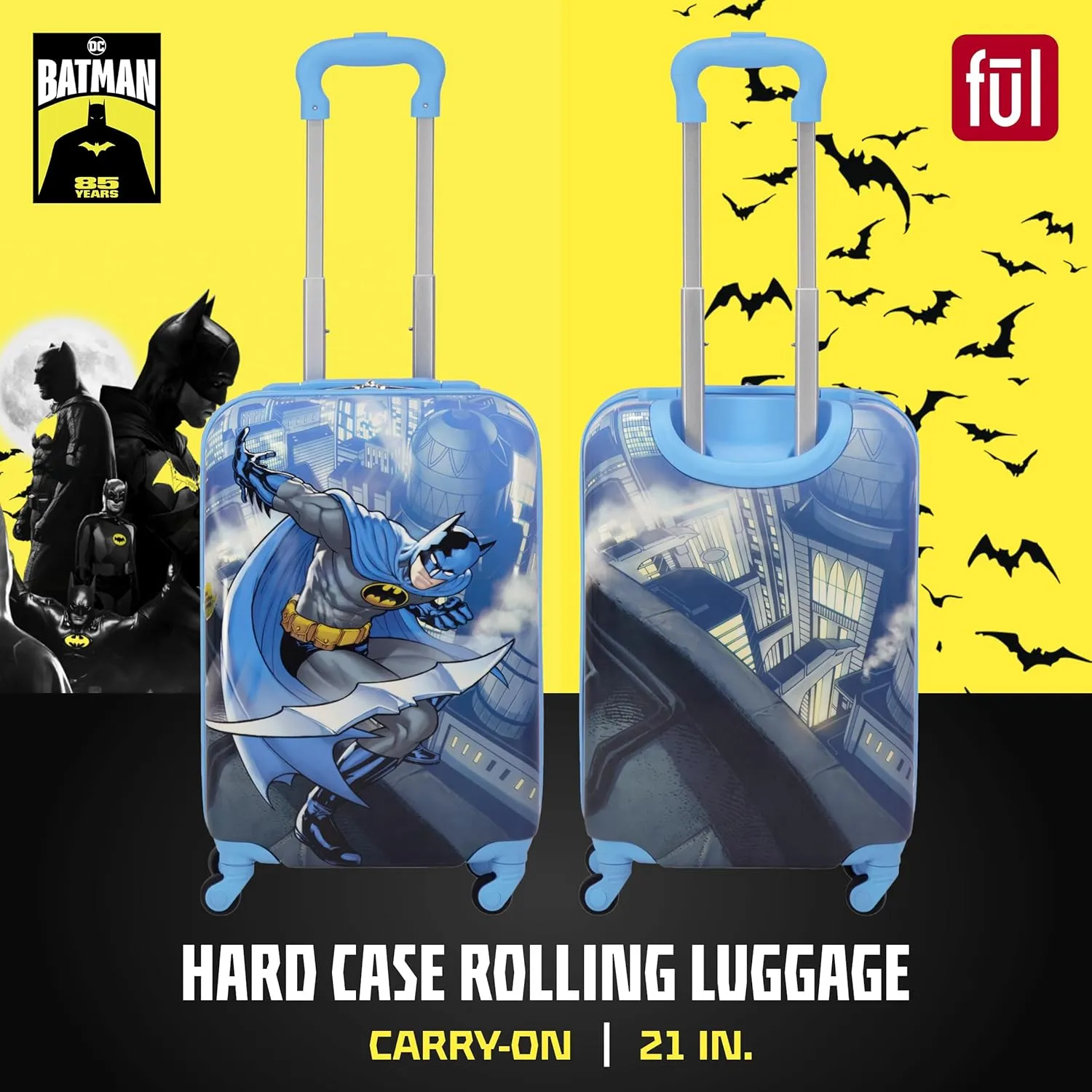 FUL Unisex Kid's DC Comics Batman 21 Inch Carry On Luggage, Hardshell Rolling Suitcase with Wheels, Blue
